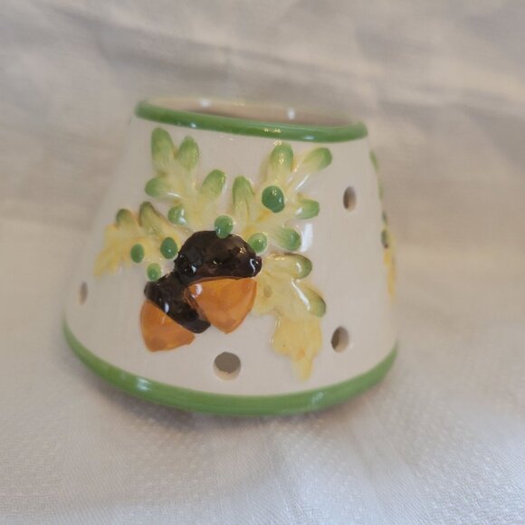 Hand-Painted Ceramic Candle Holder With Acorn & Leaf Design Green Rim 3 Inch Hei - Picture 1 of 7